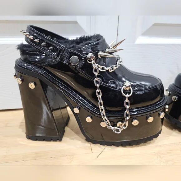 Dolls Kill Widow Black Silver Spiked Righteous Rebel Platform Mules Heels 8 9 - Picture 7 of 11